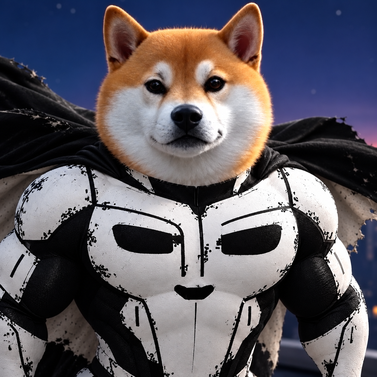 Shiba Inu superhero wearing black and white battle armor and a dark cape